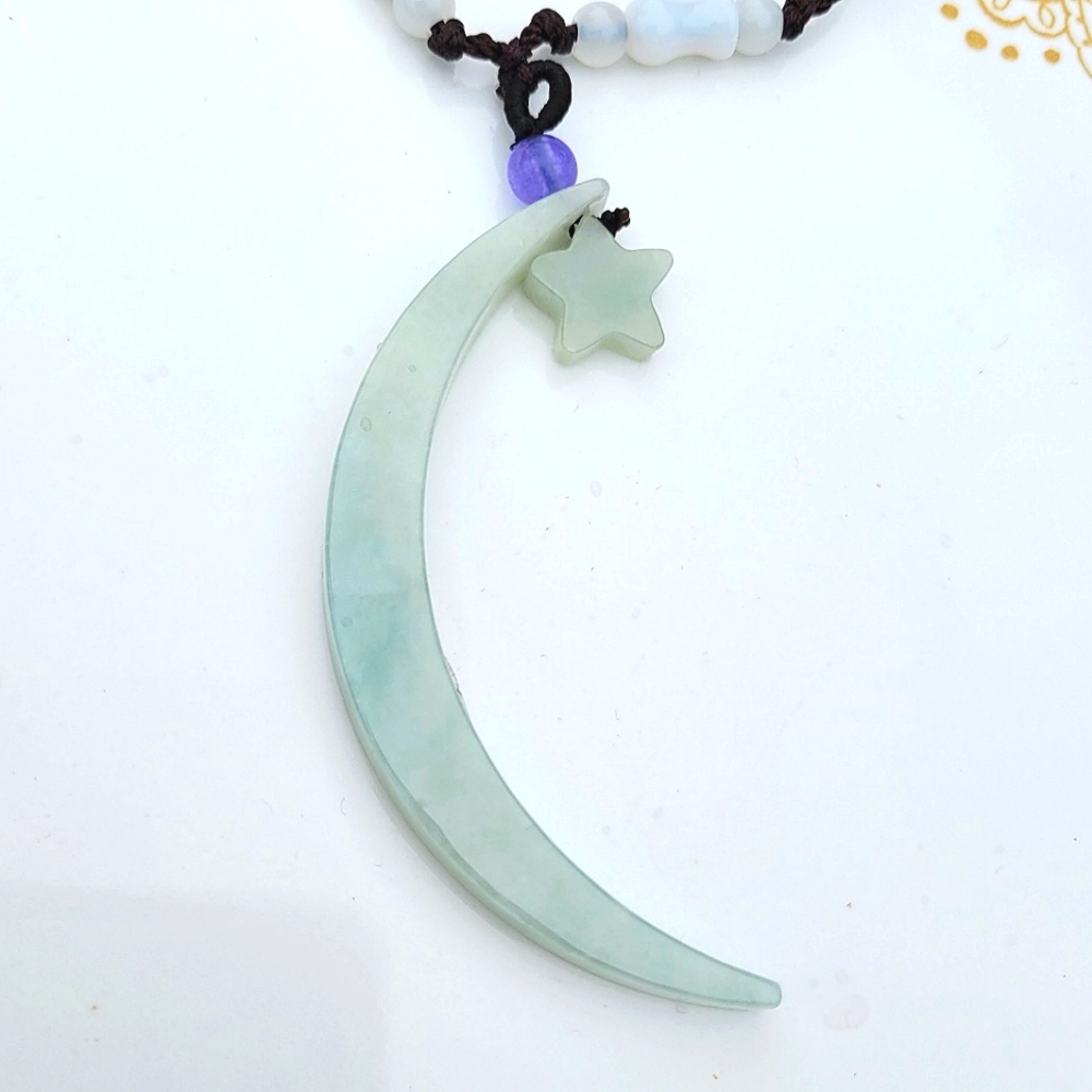Certified Jadeite Jade  Half Moon with Star Pendant Necklace *NWT